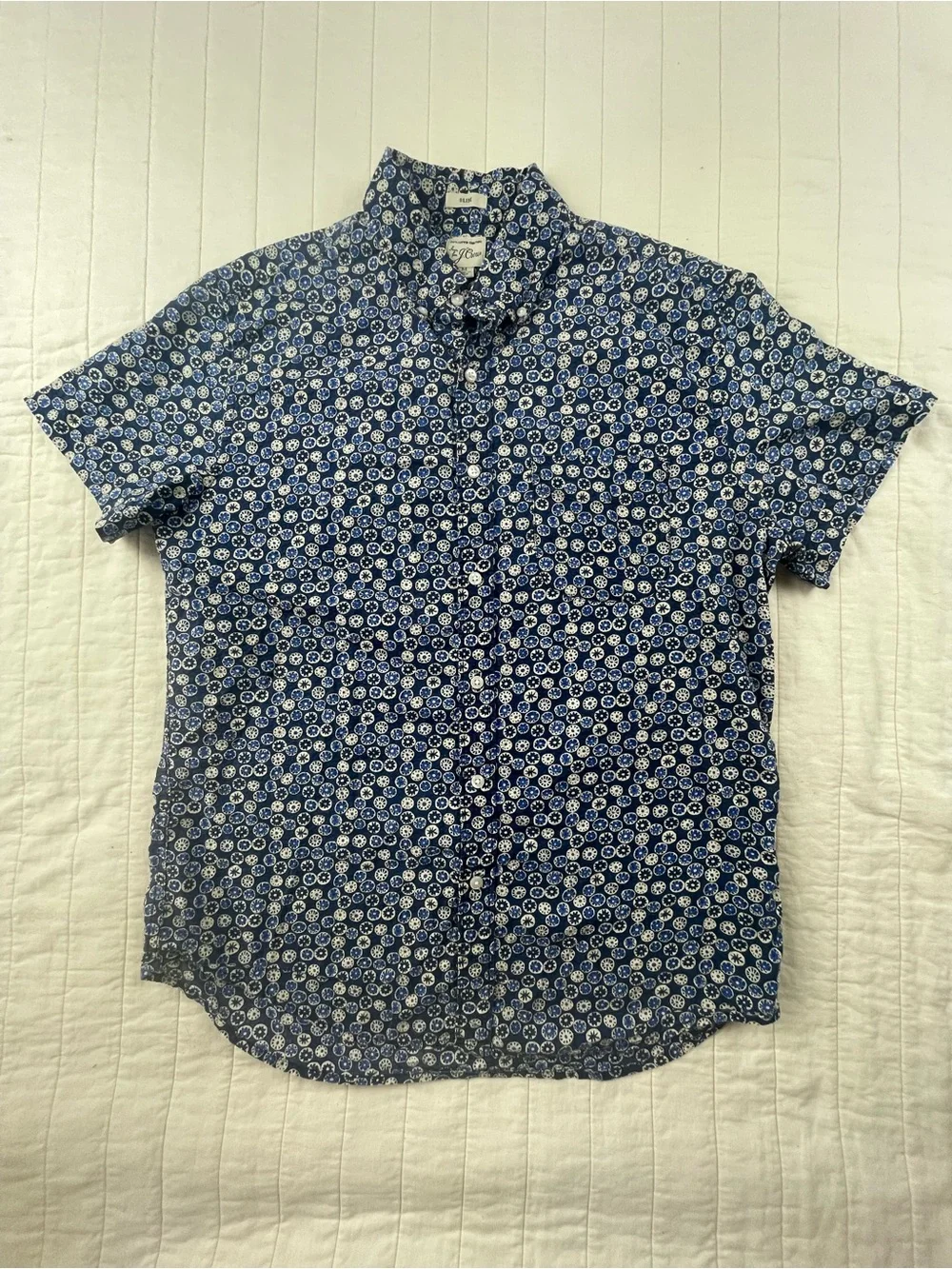 J. Crew Blue and White Printed Cotton Button-Down Shirt Medium